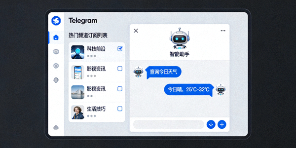 Telegram电脑版界面展示机器人对话示例与热门频道订阅列表