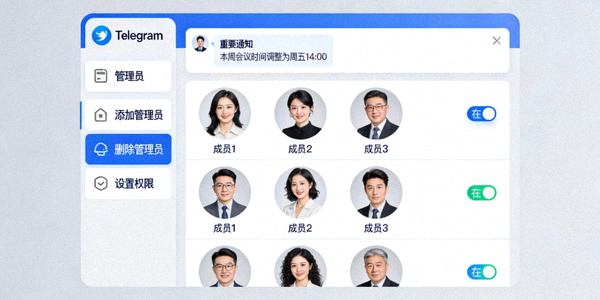 Telegram电脑版群组聊天窗口展示管理员工具、成员列表和消息置顶功能