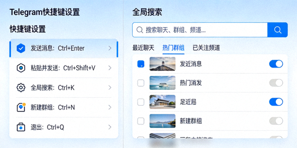 Telegram快捷键设置列表与全局搜索功能界面