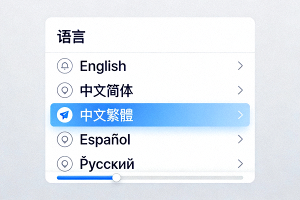Telegram设置中语言选项列表，高亮显示中文简体选项