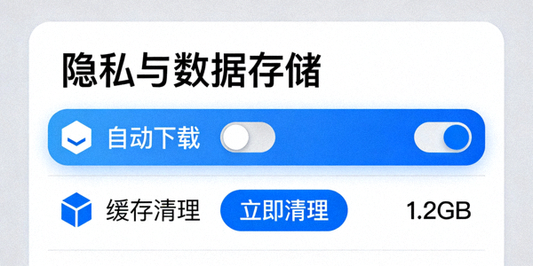 Telegram隐私与数据存储设置选项，包含自动下载和缓存清理