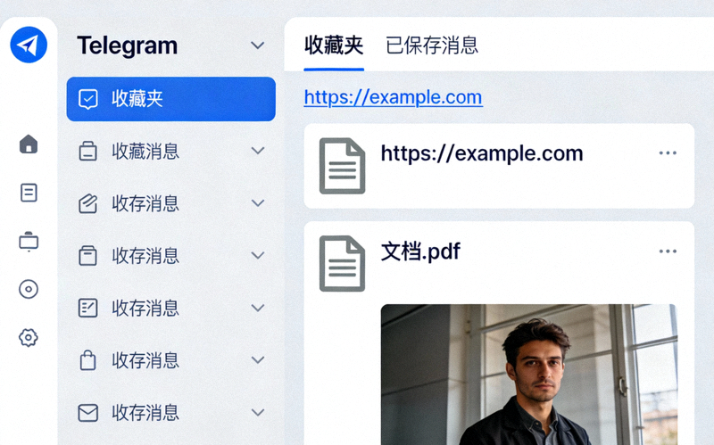 Telegram中文电脑版收藏夹与已保存消息界面，展示收藏的链接和文件