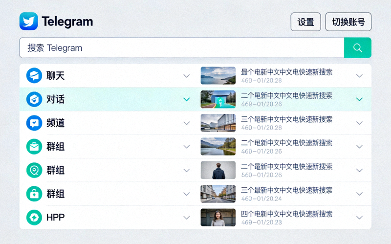 Telegram中文电脑版全局快速搜索功能界面截图，展示搜索框和结果
