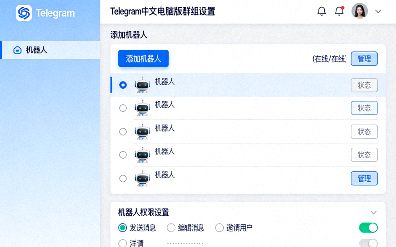 Telegram中文电脑版群组中添加与管理机器人的设置界面