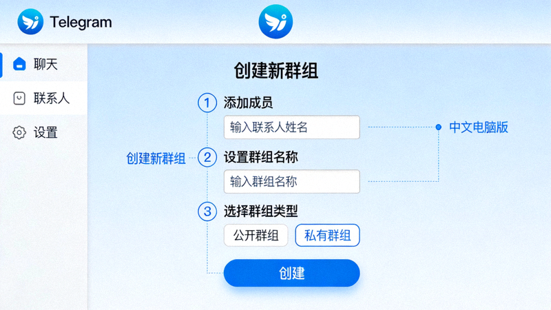 Telegram中文电脑版创建新群组步骤界面截图