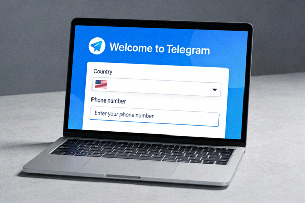 Telegram桌面版首次启动登录界面截图，显示国家选择和手机号输入框