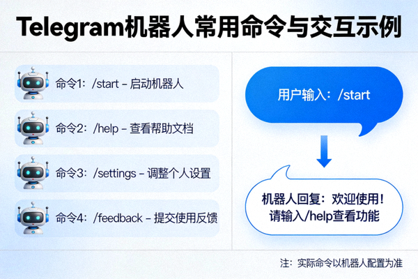 展示Telegram机器人常用命令与交互示例的示意图